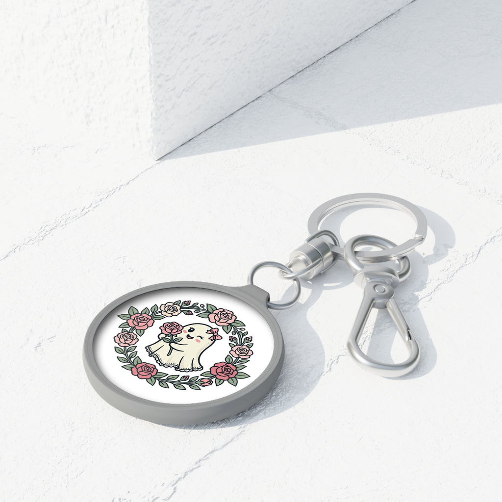 Cute Floral Ghost Keyring Tag — Kawaii Rose Wreath Keychain