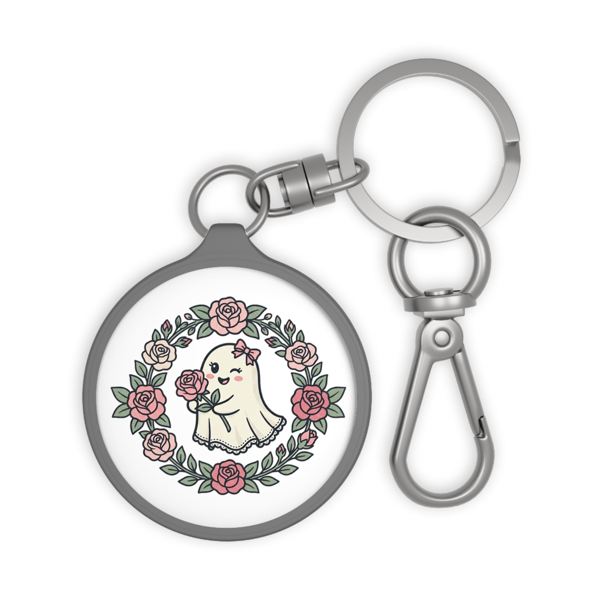 Cute Floral Ghost Keyring Tag — Kawaii Rose Wreath Keychain