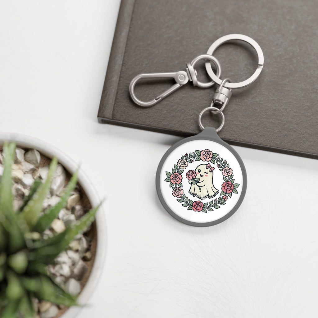 Cute Floral Ghost Keyring Tag — Kawaii Rose Wreath Keychain